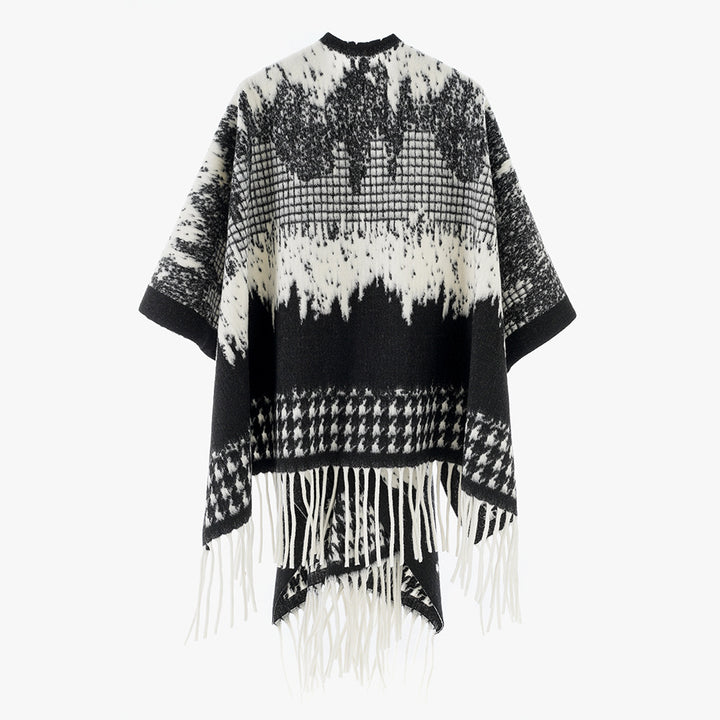 Damen Monochromer Jacquard-Capeponcho aus Wollmix mit Fransen und Oversize-Fall Echo Archiv