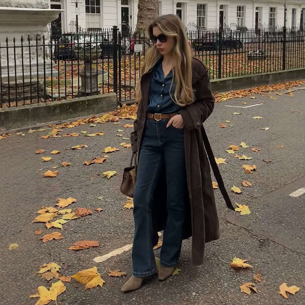 Damen Langschnitt Wildleder-Trenchcoat mit Oversize-Kragen und Bindegürtel Echoarchiv