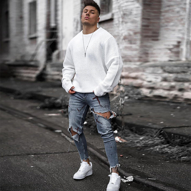 Herren Atmungsaktiver Waffelstrick-Pullover Slim-Fit mit Rippenbündchen Echoarchiv