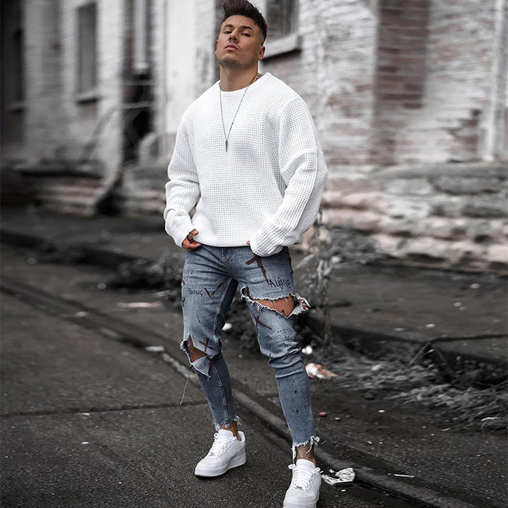 Herren Atmungsaktiver Waffelstrick-Pullover Slim-Fit mit Rippenbündchen Echoarchiv