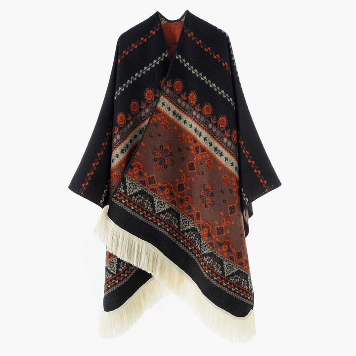 Damen Strickcape im Paisley‑Jacquard mit asymmetrischem Saum – Avérine