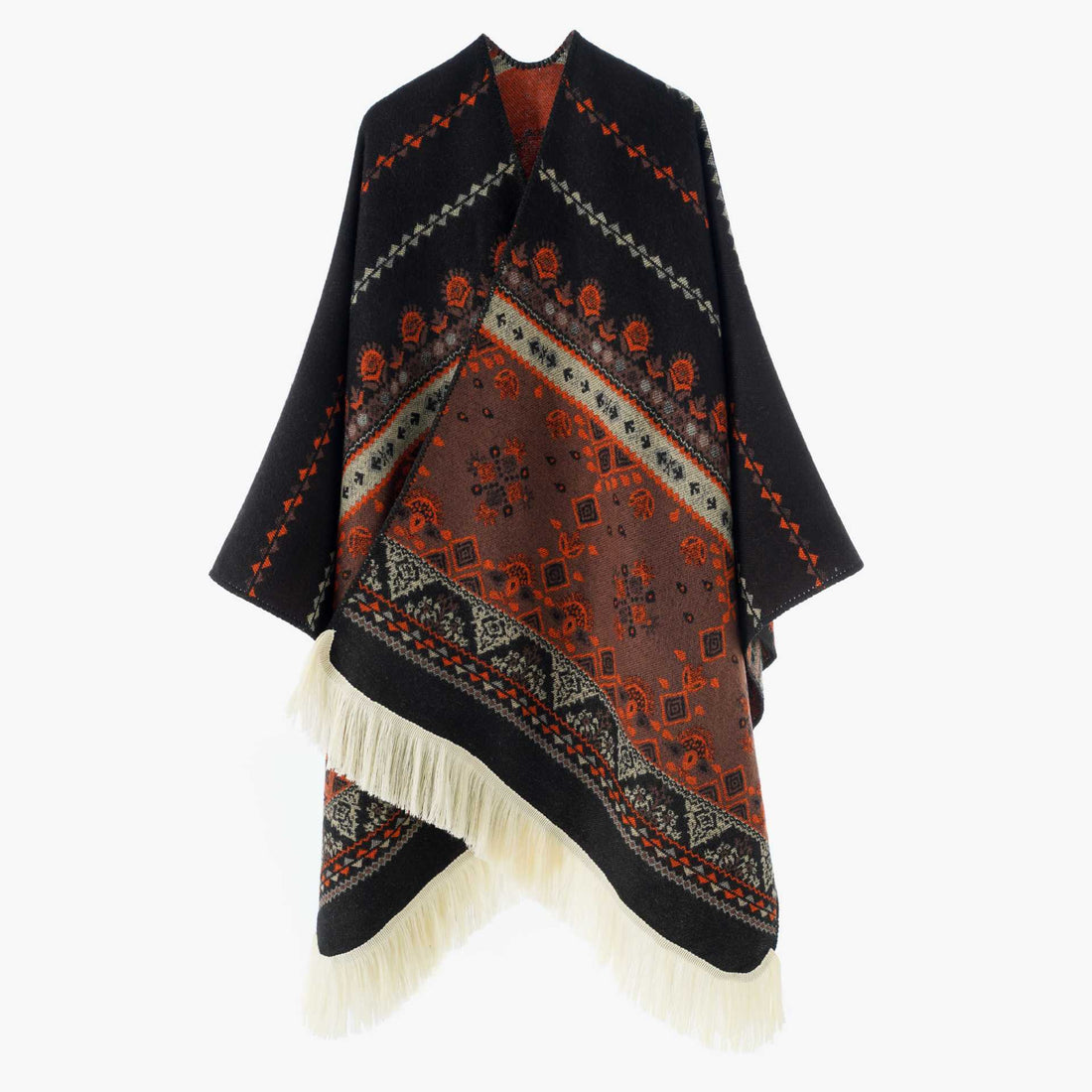 Damen Offenes Jacquard-Cape mit Paisley- und Ethno-Motiv – Célinea