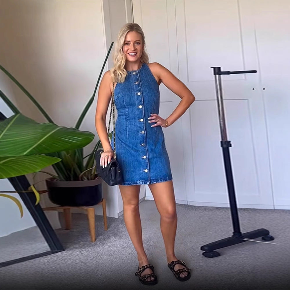 Damen Figurbetontes Ärmelloses Denim-Minikleid mit Mittelknopfleiste Echoarchiv