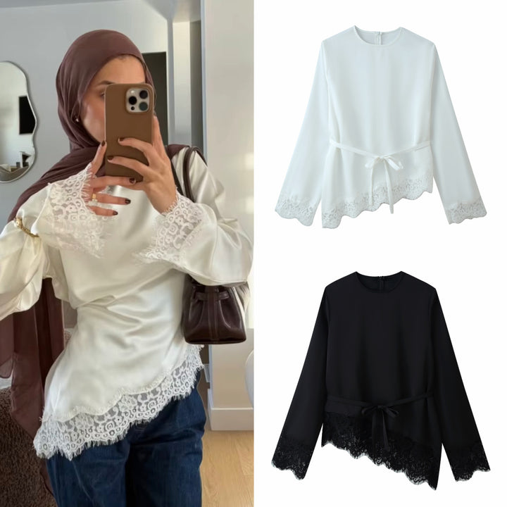 Damen 50+ elegante Chiffonbluse mit Spitzenbesatz und Taillenband Echo Archiv