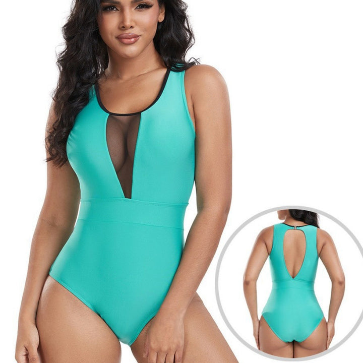 Damen Einteiler Badeanzug mit tiefem V-Ausschnitt und eleganten Netzdetails Echo Archiv