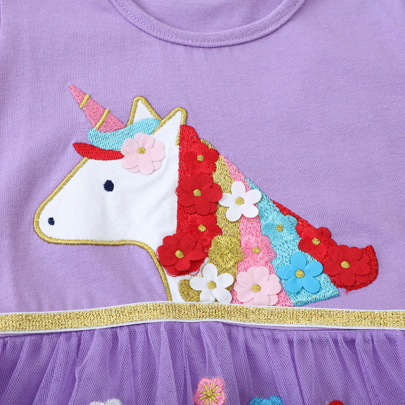 Mädchen Tüllkleid mit bunten Einhorn- und Blumenapplikationen Echo Archiv