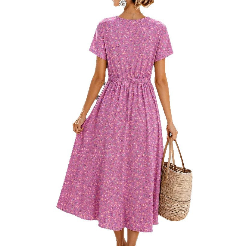 Damen Midikleid mit floralem Alloverprint, Tunnelzugtaillenband und Knopfleiste – Élara