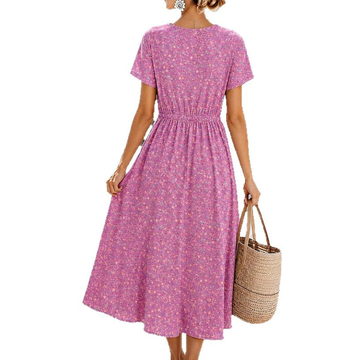 Damen Midikleid mit floralem Alloverprint, Tunnelzugtaillenband und Knopfleiste – Élara