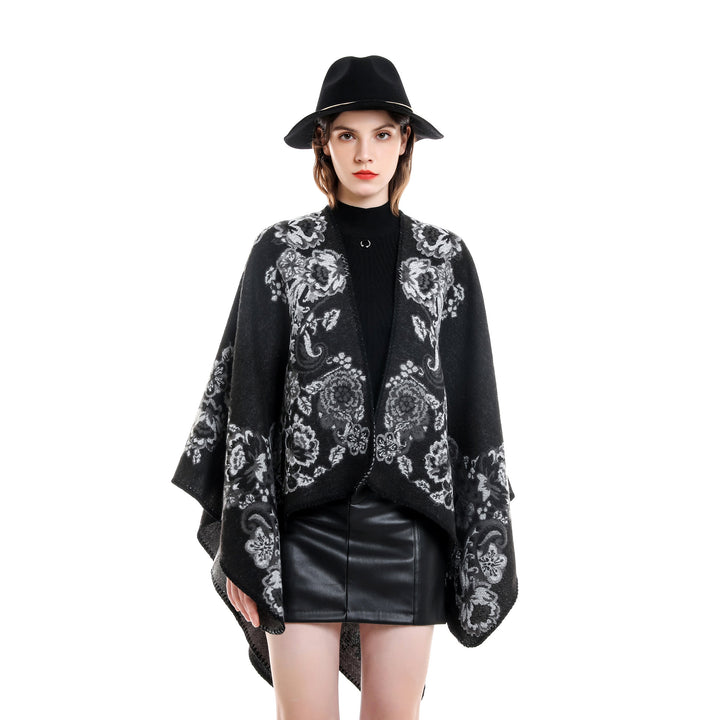 Damen Reversibler Strick-Umhang mit floraler Jacquard‑Webung und Zierkettelnaht – Veloura