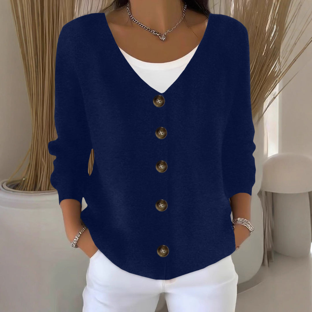 Damen Lockerer V-Ausschnitt Feinstrick-Cardigan mit Holzknopfleiste – Veloura