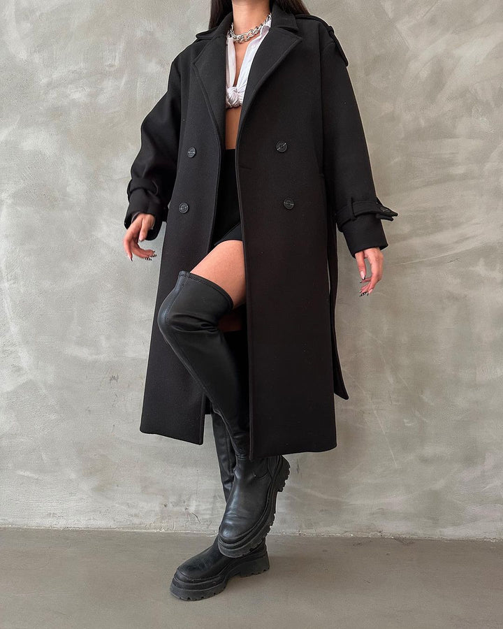 Damen Oversize Wollmix-Mantel mit doppelreihiger Knopfleiste und Taillengürtel Echoarchiv