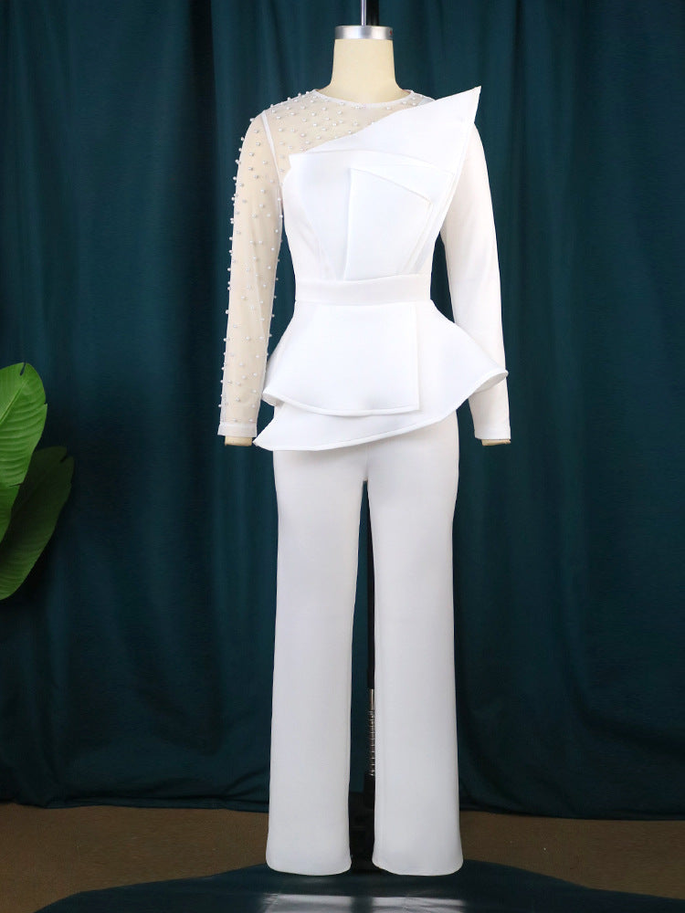 Damen Eleganter Jumpsuit mit transparenten Puffärmeln und tiefem V-Ausschnitt Echo Archiv