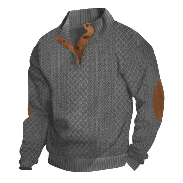 Herren Strukturierter Aran-Strickpullover mit halbem Knopfleistenkragen und Leder-Ellbogenpatches Echoarchiv