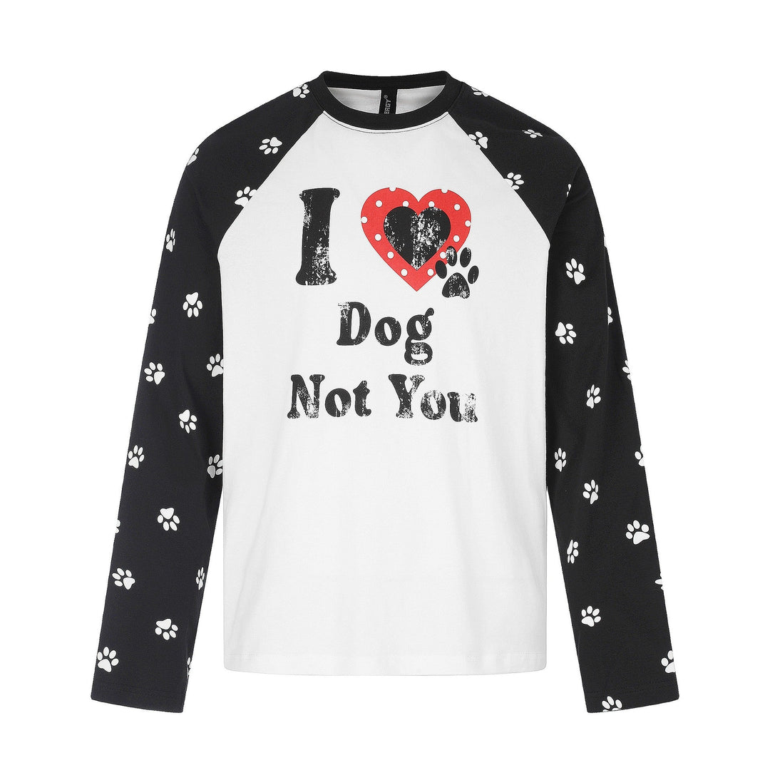 Damen Longsleeve-Raglanshirt mit Hunde‑Slogan und Pfotenmuster Echoarchiv