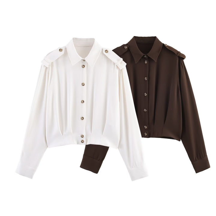 Damen Cropped-Bluse mit Schulterklappen und taillierter Drapierung Echoarchiv