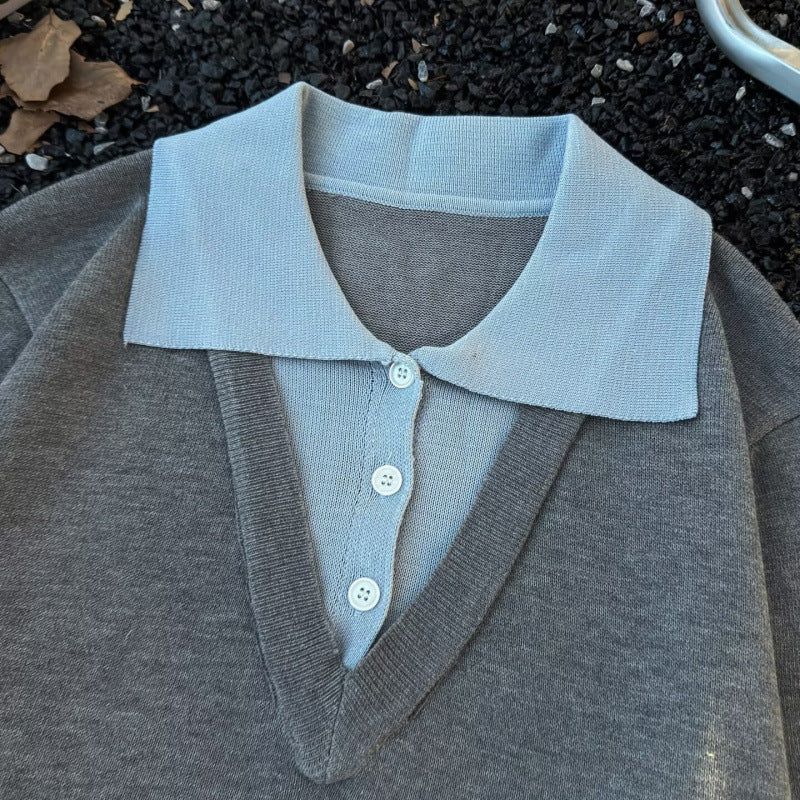 Damen Oversized Polo-Feinstrickpullover mit Kontrastkragen und geripptem Saum Echoarchiv