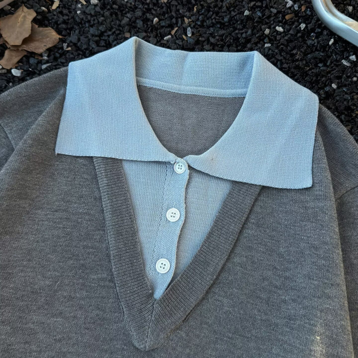Damen Oversized Polo-Feinstrickpullover mit Kontrastkragen und geripptem Saum Echoarchiv