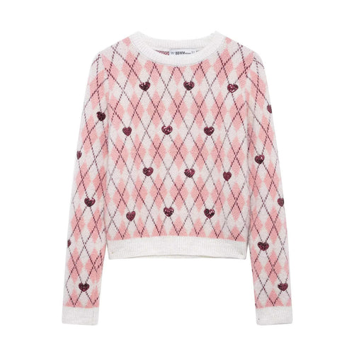 Damen nan verspielter Argyle-Strickpullover mit Paillettenherzen und Rundhalsausschnitt Echo Archiv