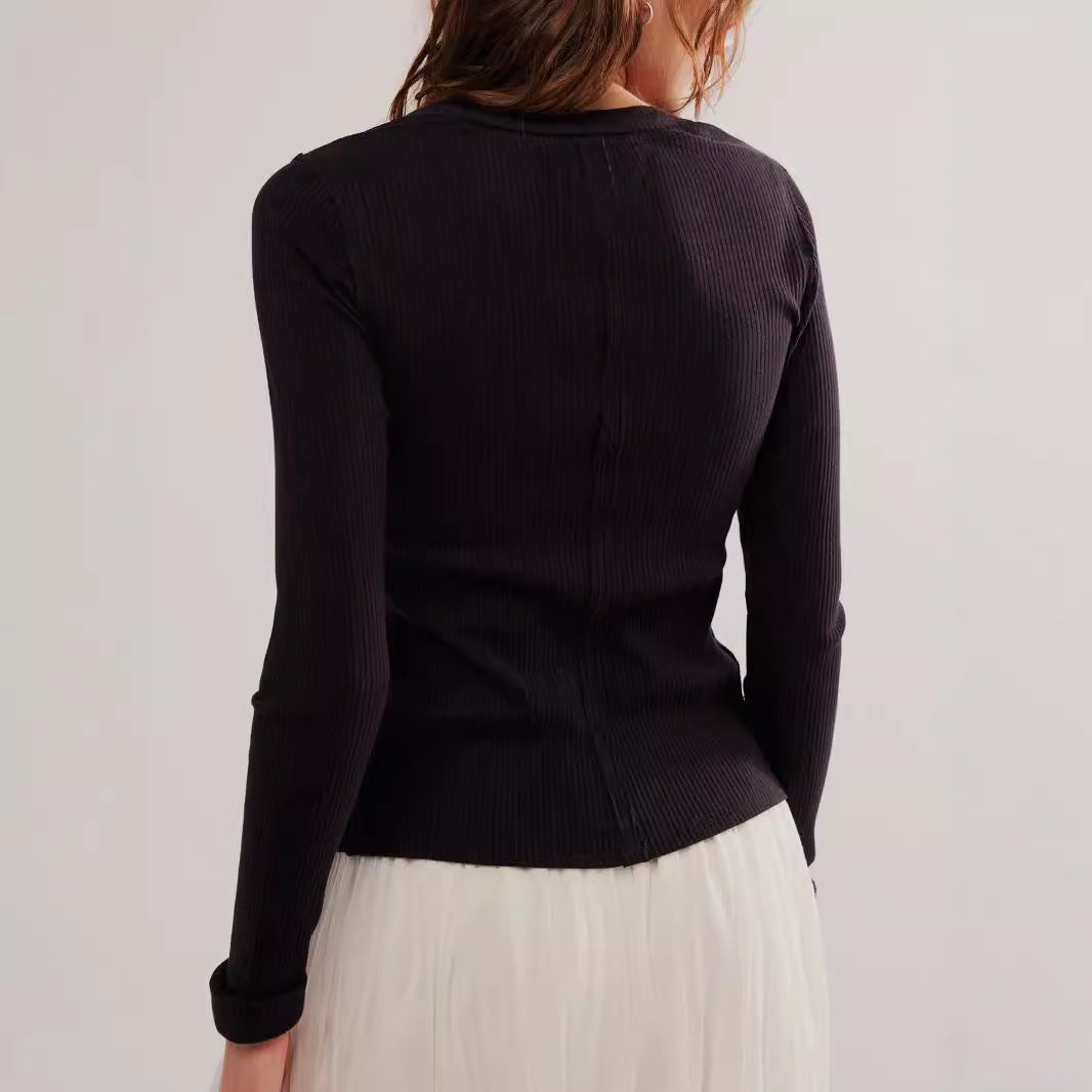 Damen gerippte taillenbetonte Knopf-Strickjacke mit Rundhals – Avérine