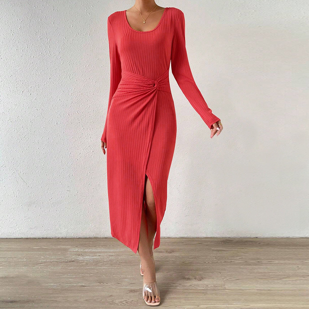 Damen gerafftes Maxikleid mit Knotendetail, figurbetonter Rippenstruktur und hohem Seitenschlitz – Valéora