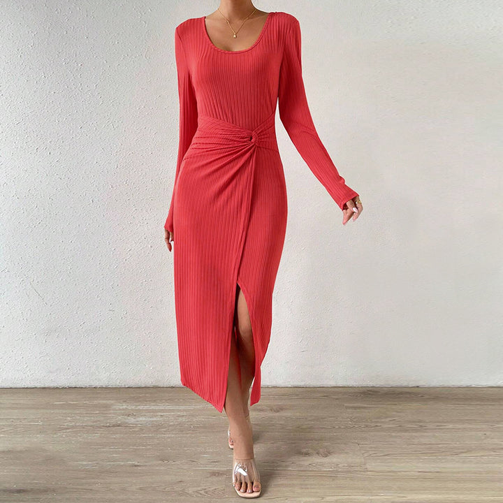 Damen gerafftes Maxikleid mit Knotendetail, figurbetonter Rippenstruktur und hohem Seitenschlitz – Valéora