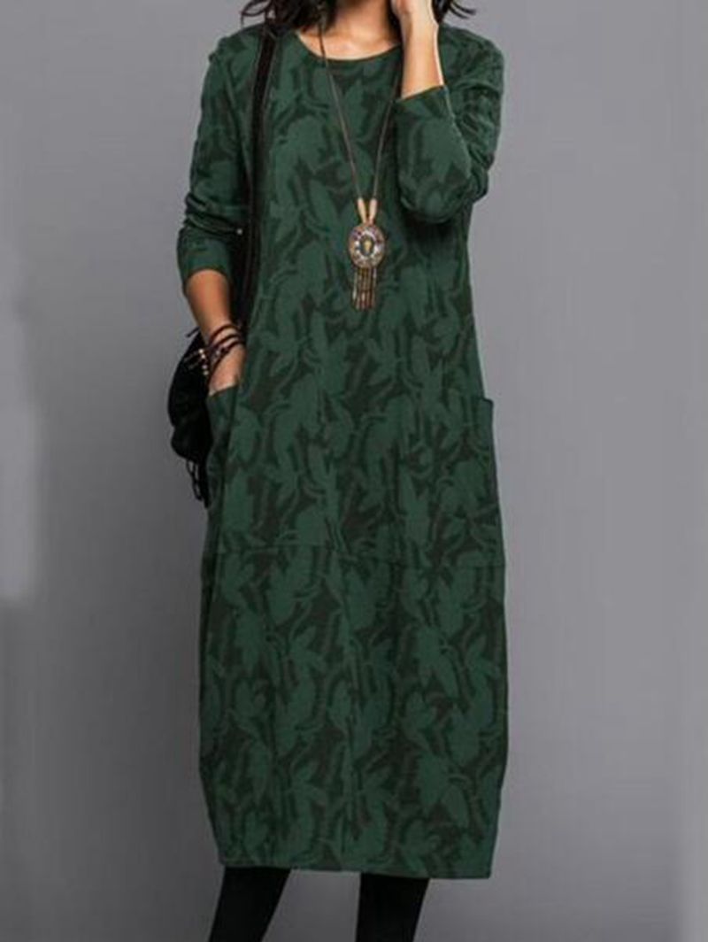 Damen nan locker geschnittenes Midikleid aus Feinstrick mit Ton-in-Ton-Jacquard, Rundhalsausschnitt und seitlichen Eingrifftaschen Echo Archiv
