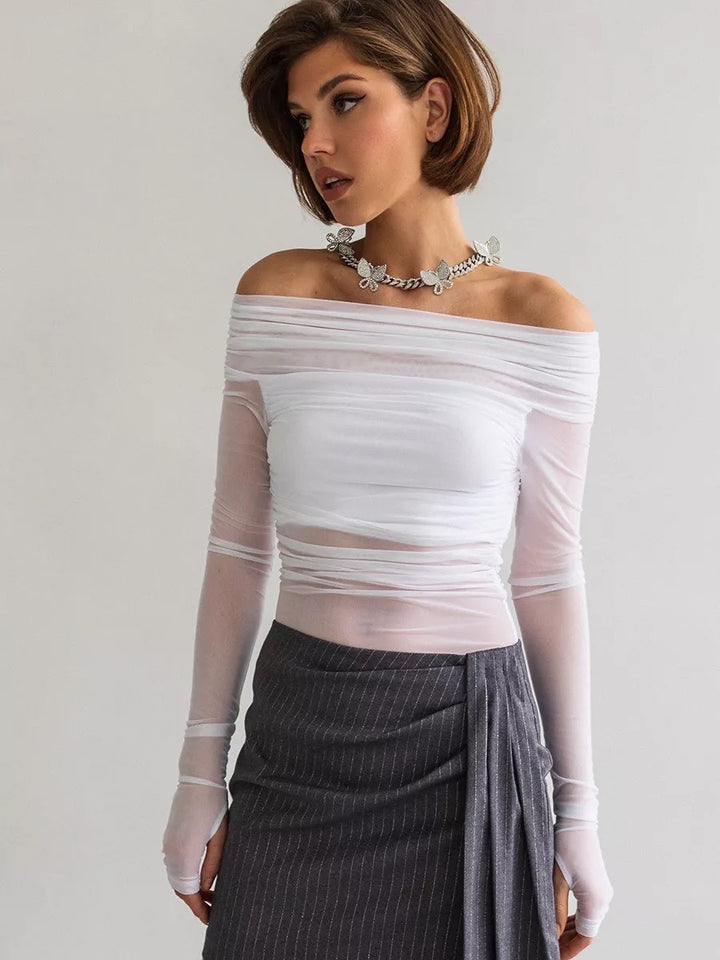 Damen Offshoulder Langarm-Top aus transparentem Netzmaterial Echo Archiv