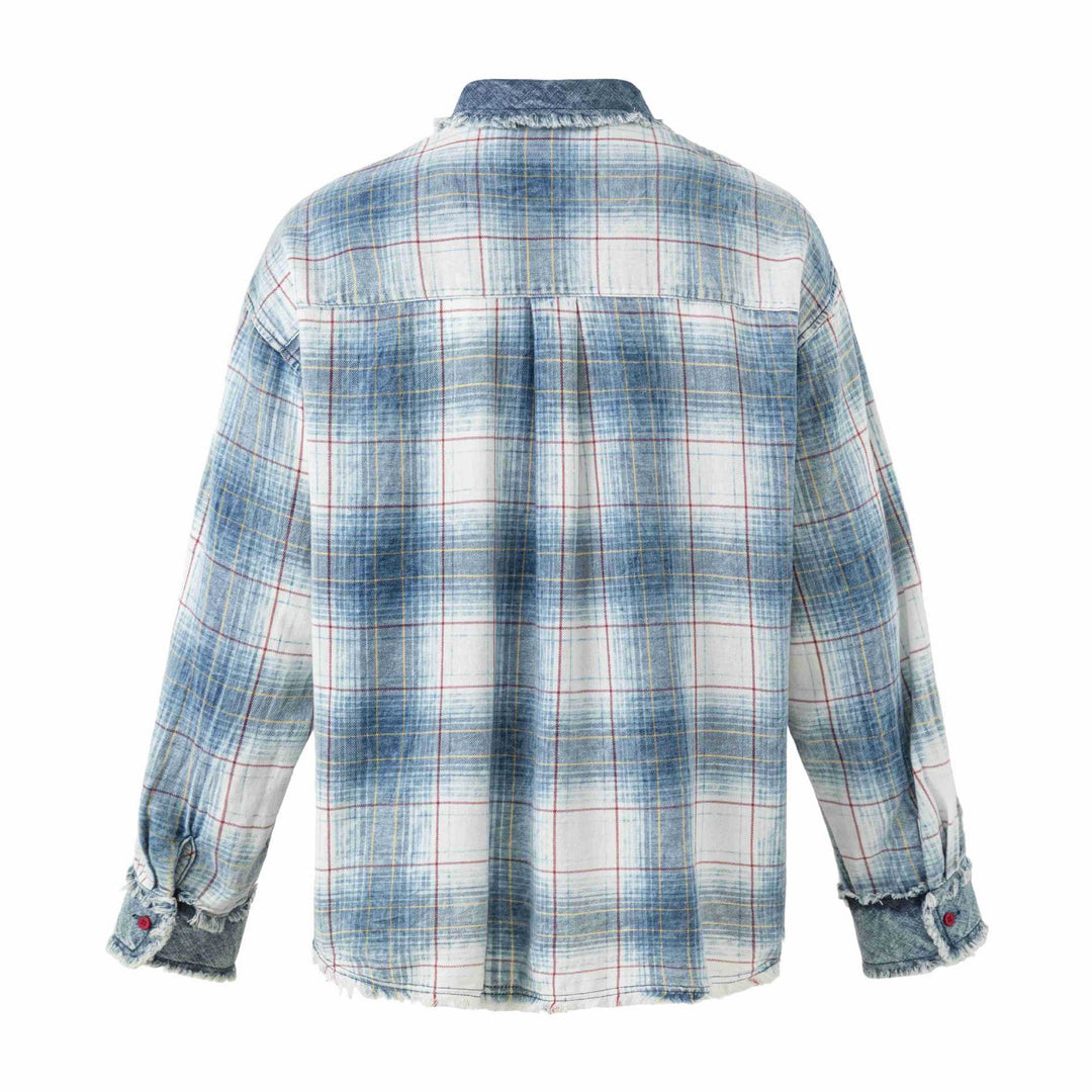 Damen Oversize kariertes Hemdjacke mit Denim-Applikationen und ausgefransten Kanten Echoarchiv
