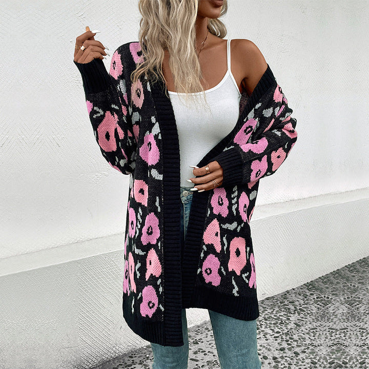 Damen Langer offener Strickcardigan mit Leo-Jacquardmuster und gerippten Säumen Echoarchiv