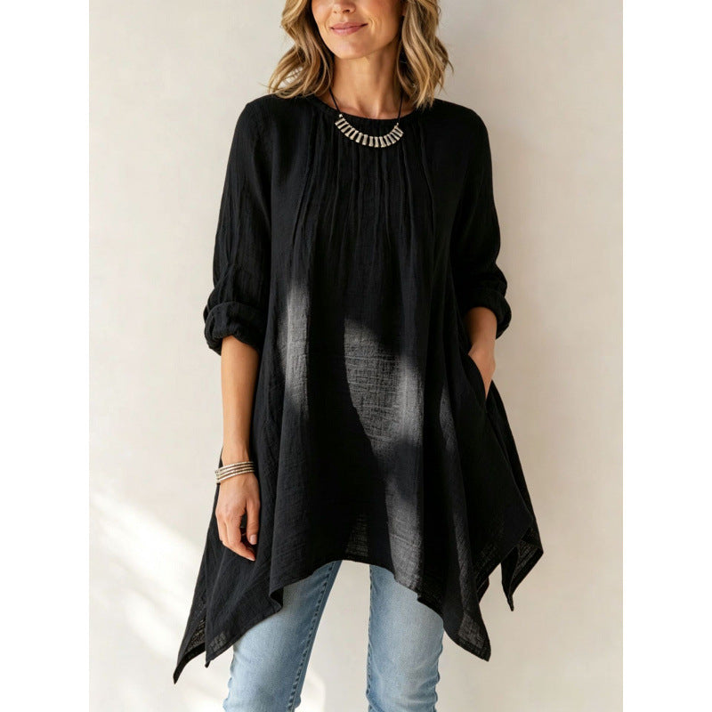 Damen Lässige Long-Tunika mit Handtuchsaum, Kräusel-Biesen und Eingrifftaschen Echoarchiv