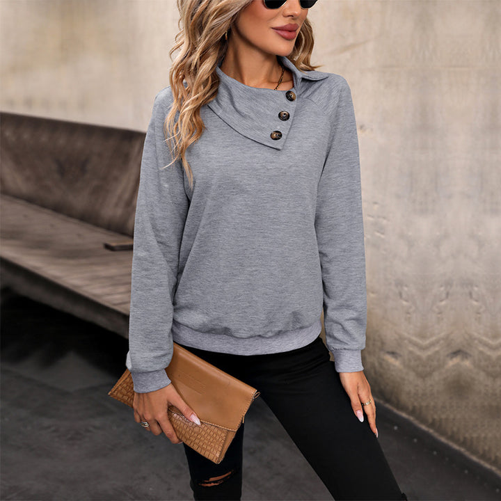 Damen Asymmetrischer Fleeceshirt mit Stehkragen und Zierknopfleiste – Avérine