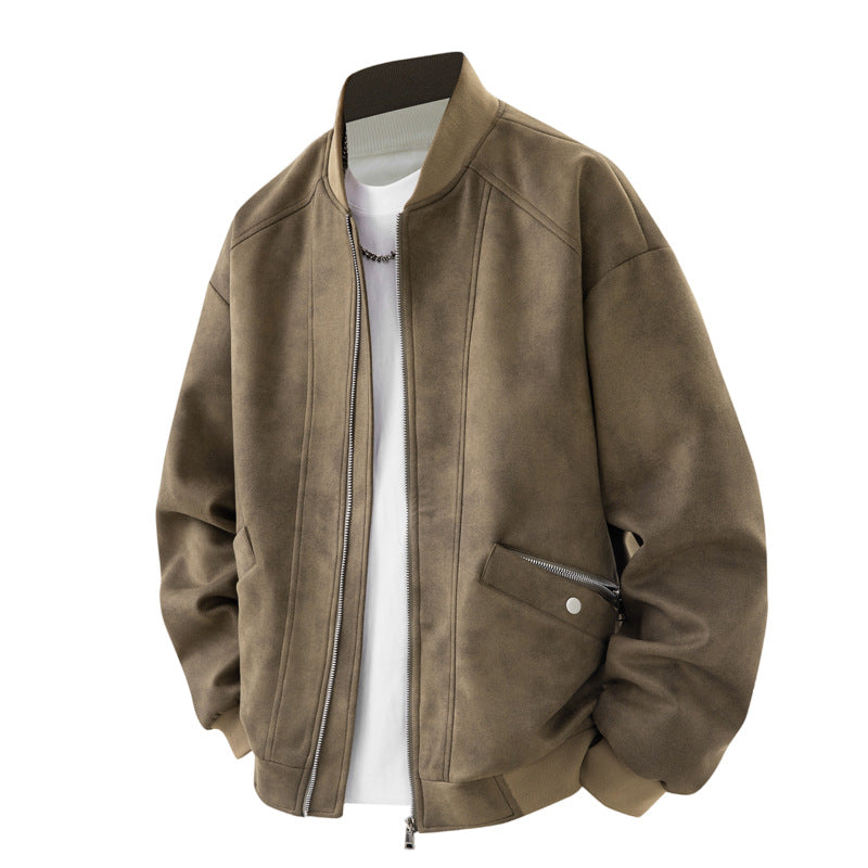 Herren Velours-Optik Bomberjacke im Boxy‑Cut mit Rippkragen, Frontreißverschluss & kombiniertem Zipper-/Klappenfach Echoarchiv