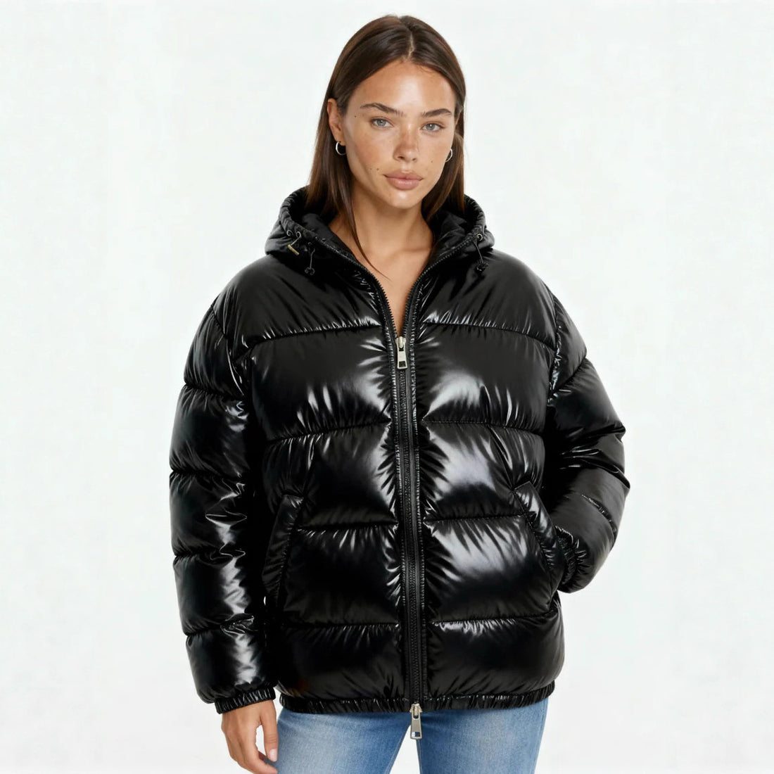 Damen Hochglanz Steppjacke mit Kapuze – Célinea
