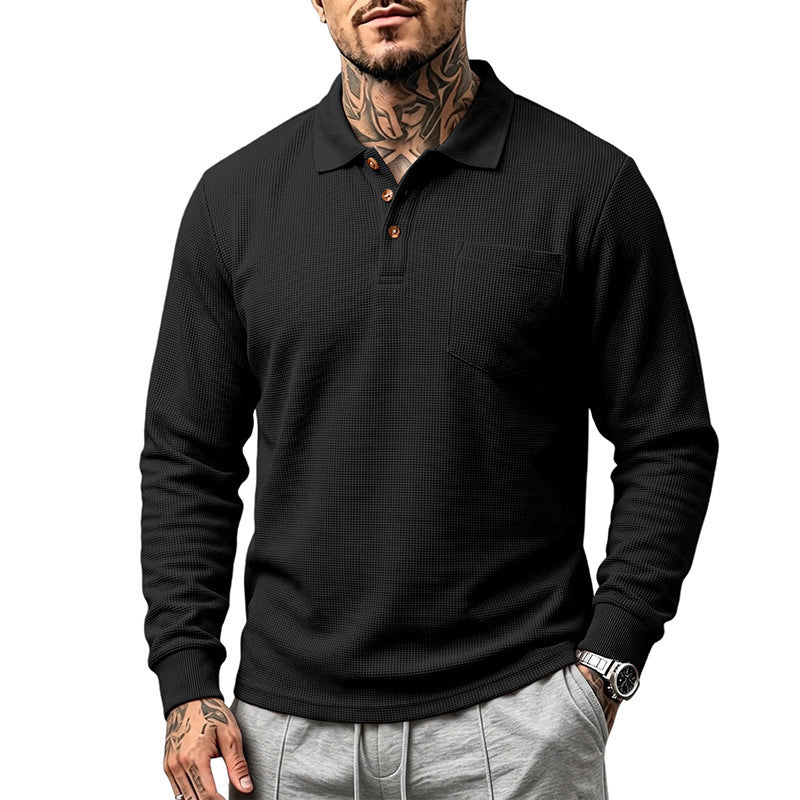 Herren Waffelstruktur-Poloshirt mit Brusttasche und Holzknöpfen Echoarchiv