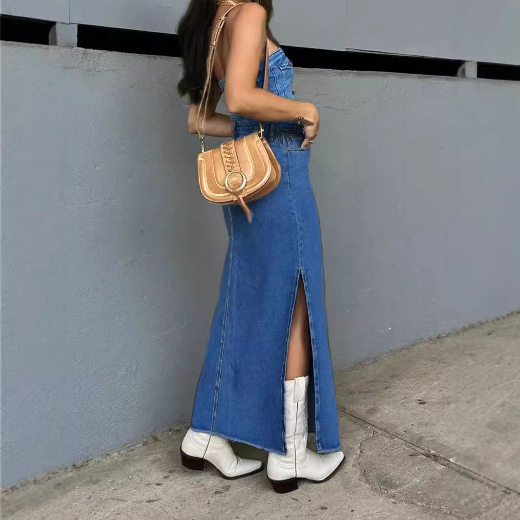 Damen High-Waist Maxirock aus Denim mit frontaler Ziernaht und seitlichem Beinschlitz Echo Archiv