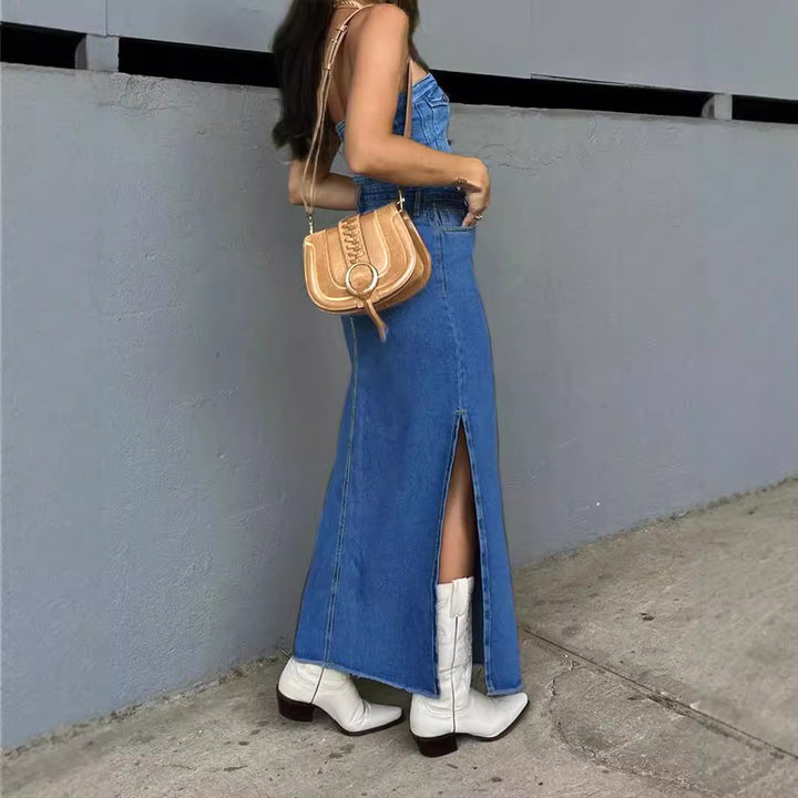 Damen High-Waist Maxirock aus Denim mit frontaler Ziernaht und seitlichem Beinschlitz Echo Archiv
