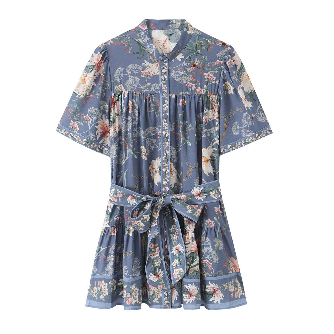 Damen Geblümtes Hemdblusenkleid mit Taillengürtel und stufigem Rock Echoarchiv