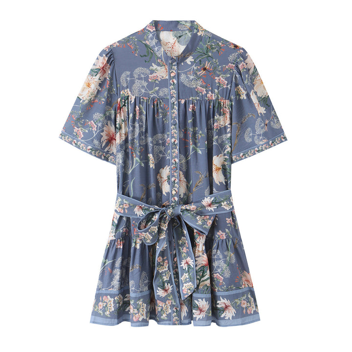 Damen Geblümtes Hemdblusenkleid mit Taillengürtel und stufigem Rock Echoarchiv