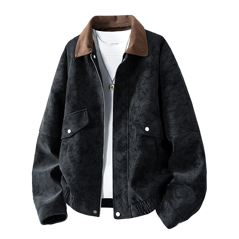 Herren Oversize Utility-Bomberjacke aus Kunstleder mit geripptem Saum und Hemdkragen Echoarchiv