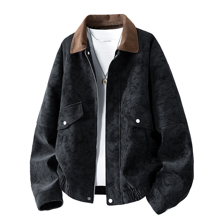 Herren Oversize Utility-Bomberjacke aus Kunstleder mit geripptem Saum und Hemdkragen Echoarchiv