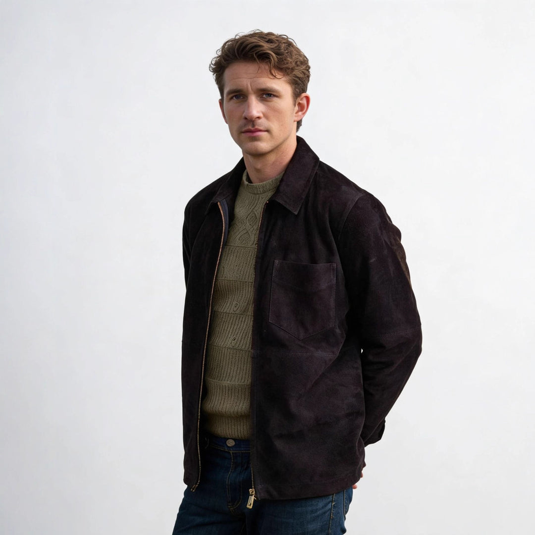 Herren Velourslederjacke mit Reißverschluss und Hemdkragen Echoarchiv