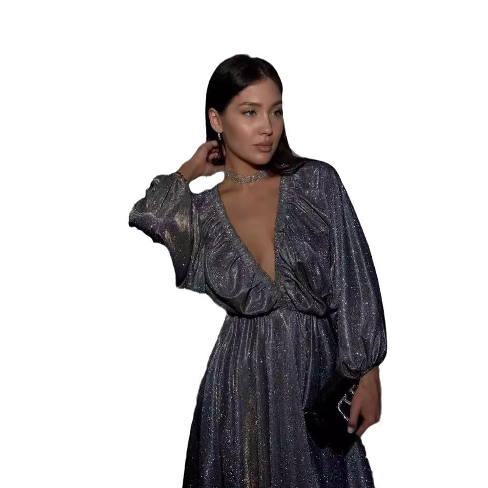 Damen Glitzerndes Abendkleid mit tiefem V Ausschnitt, Ballonärmeln und taillenbetonter Glockenrock Echoarchiv