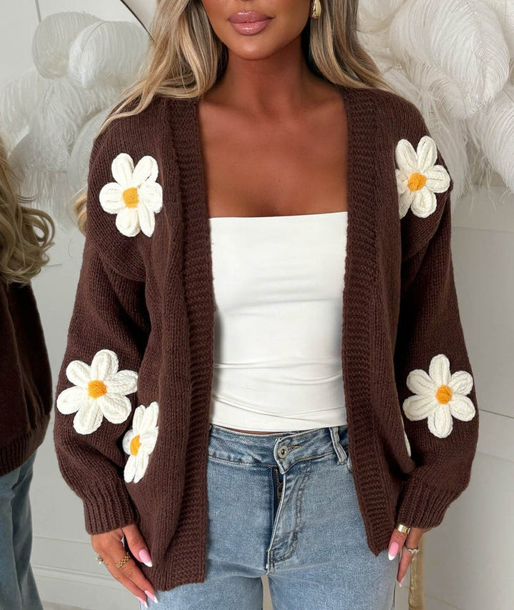 Damen Oversize-Strickcardigan mit 3D-Blumenapplikationen und geripptem Saum – Veloura
