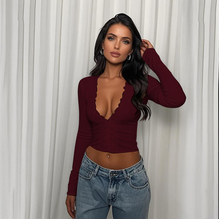 Damen tailliertes Crop-Top mit tiefem V-Ausschnitt und Spitzenbesatz – Avérine