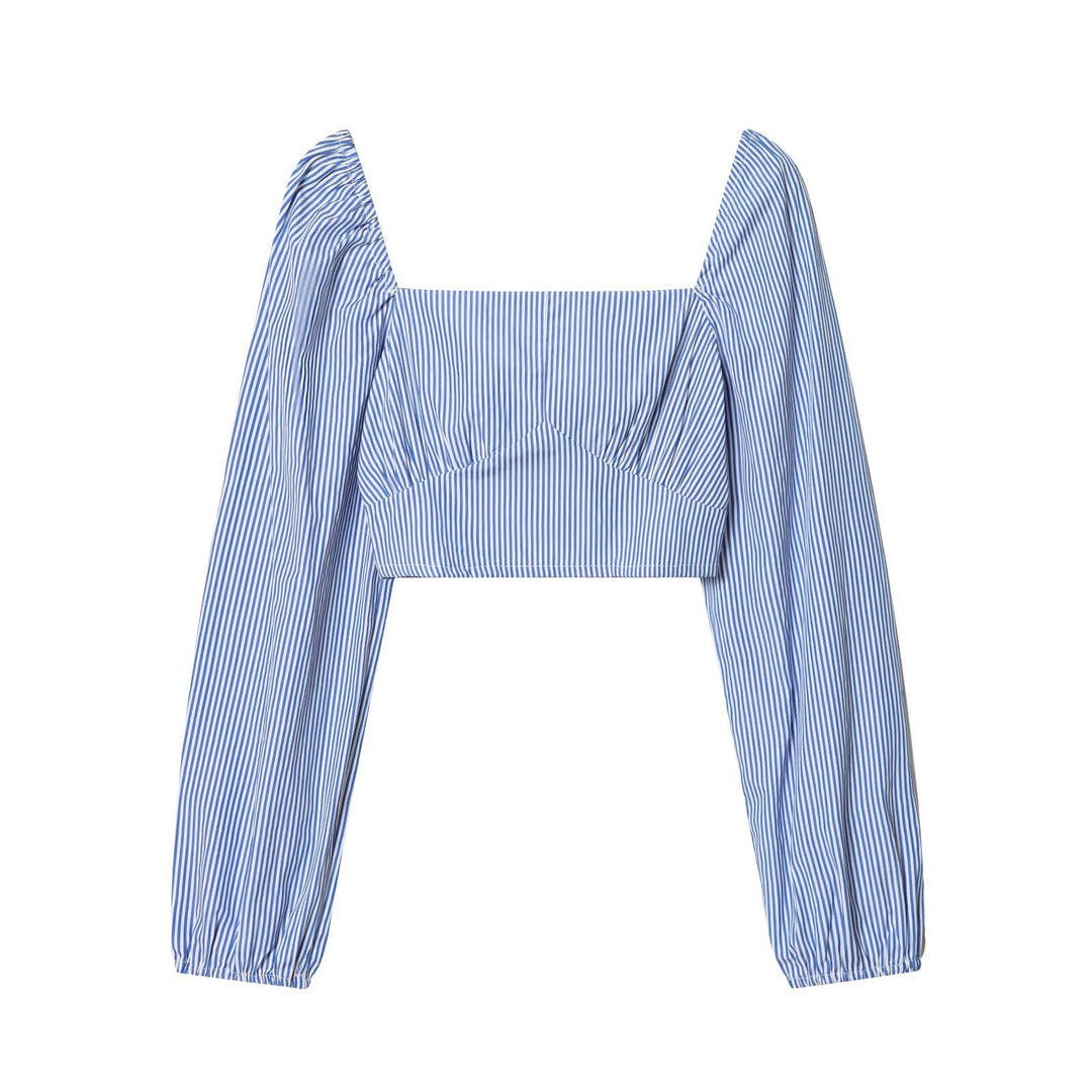 Damen Gestreifte Cropped‑Bluse mit quadratischem Ausschnitt und weiten Ballonärmeln Echoarchiv