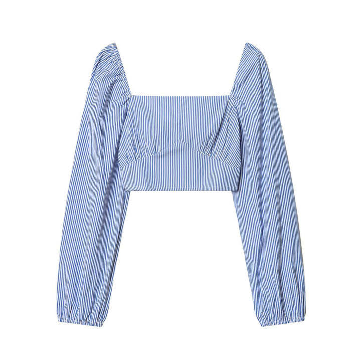 Damen Gestreifte Cropped‑Bluse mit quadratischem Ausschnitt und weiten Ballonärmeln Echoarchiv