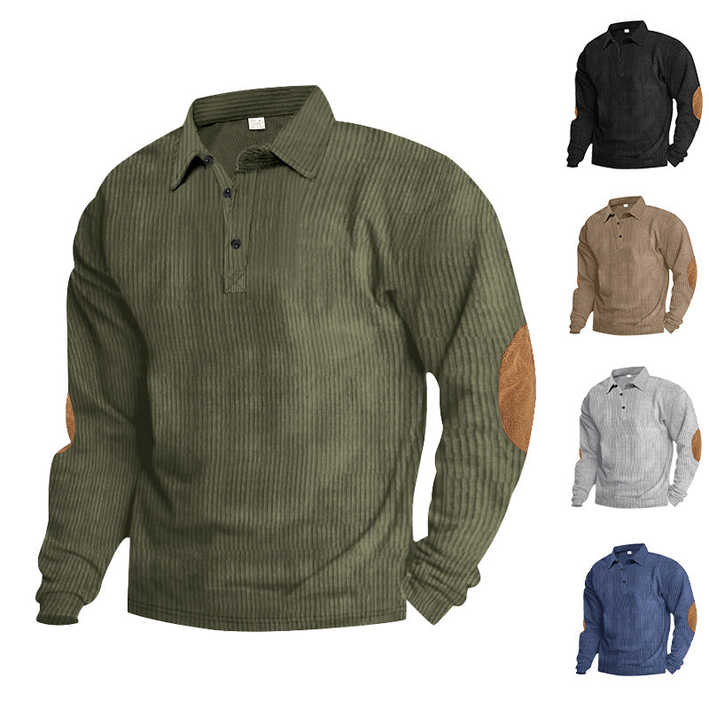 Herren lässiges Langarm-Henley-Shirt mit strukturiertem Rippenstoff und kontrastierenden Ellbogenpatches Echoarchiv
