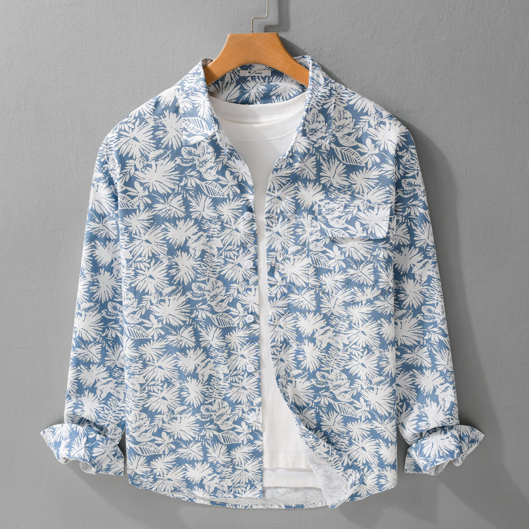 Damen Leichtes Blumenprint-Overshirt aus Leinen-Baumwollmix mit Kentkragen und Brusttasche Echoarchiv