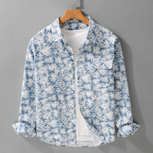 Damen Leichtes Blumenprint-Overshirt aus Leinen-Baumwollmix mit Kentkragen und Brusttasche Echoarchiv