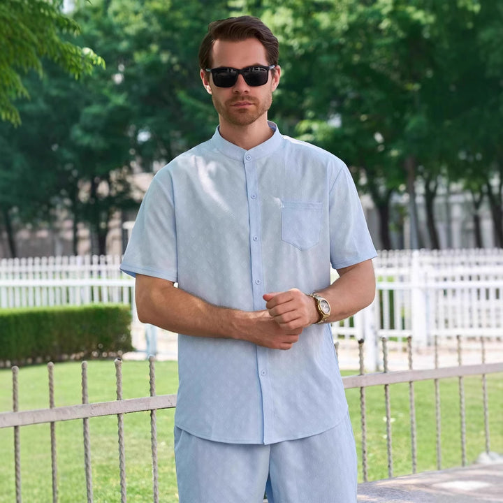Herren Kurzarmhemd mit eleganten Strukturen und modernem Stehkragen Echoarchiv